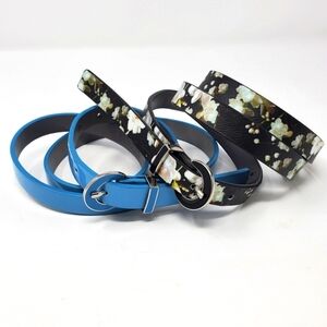 KENNETH COLE REACTION SET OF 2  SKINNY BELTS PEACOCK BLUE BLACK FLORAL WOMEN M